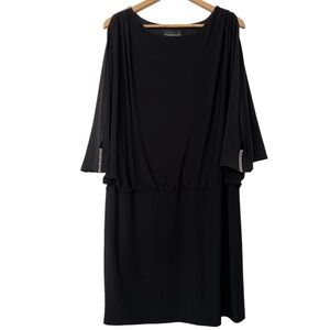 Frank Lyman black dress open shoulder bat sleeve crystal embellished  classic 16